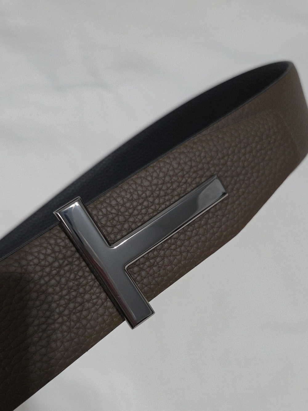 Tom Ford Black Brown Leather Belt with Black Chrome T Buckle
